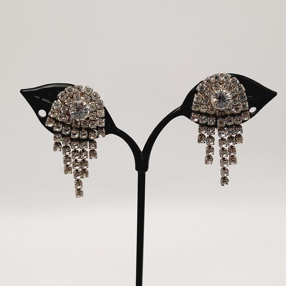 Vintage Clear Rhinestone Dangle Clip Earrings, 1.5 Inch Length - Picture 4 of 10